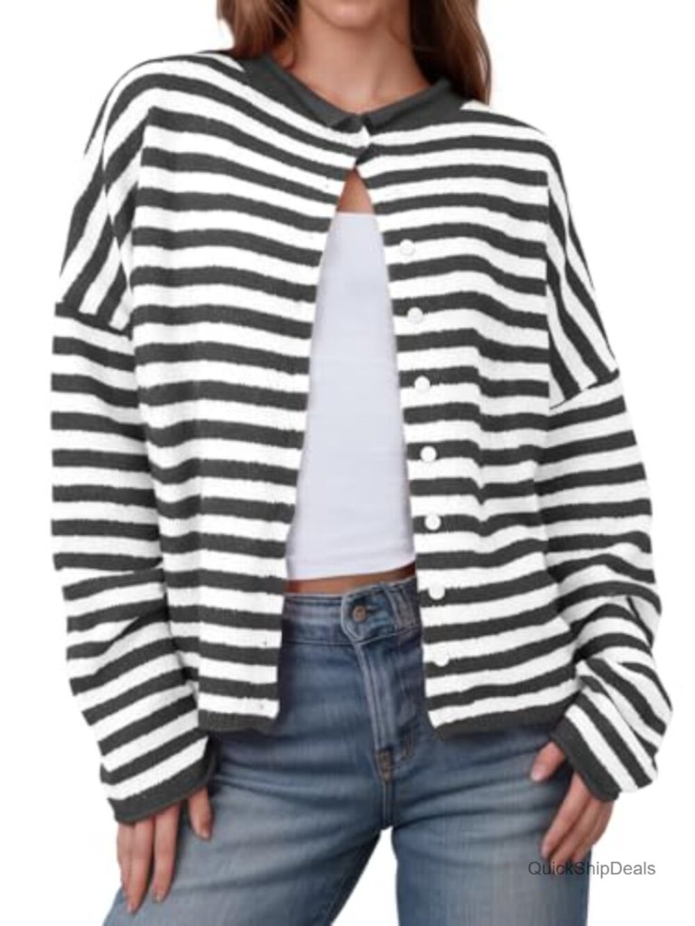 Striped Button Down Knit Cardigan Long Sleeve Lightweight Loose Fit Layer